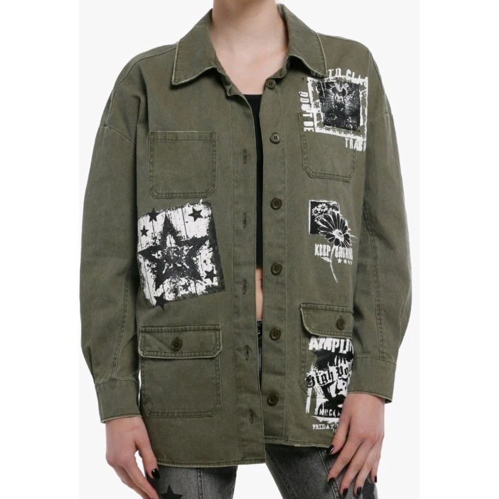 NEW Olive Green Washed Punk‎ Patches Women's XL Utility Work Jacket Steampunk